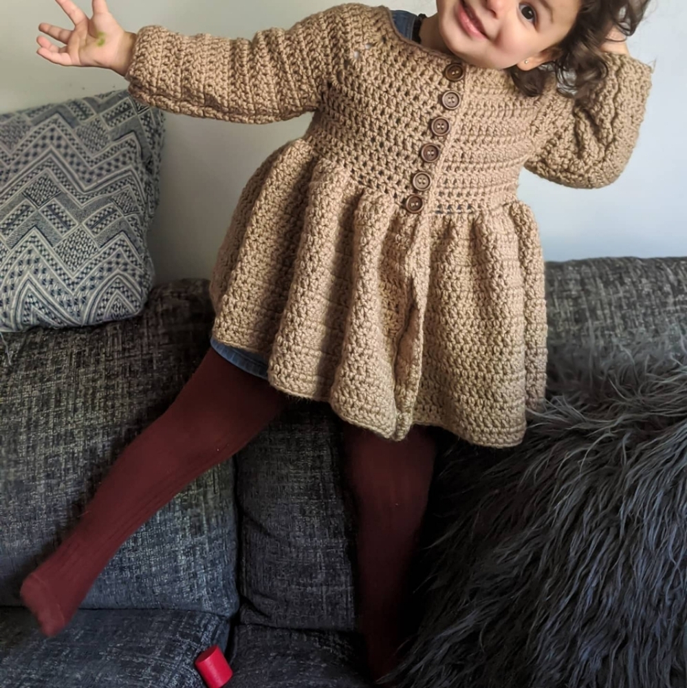 Cozy Handmade Knit Button-Up Toddler Sweater Dress And Matching Bonnet